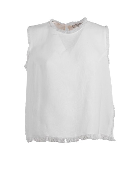 Shop ANTONELLI  Top: Antonelli top "Clifford".
Sleeveless.
Sharp cuts with fringes.
Button closure on the back.
Composition: 73% viscose, 27% linen.
Made in Italy.. CLIFFORD L5564 935-001